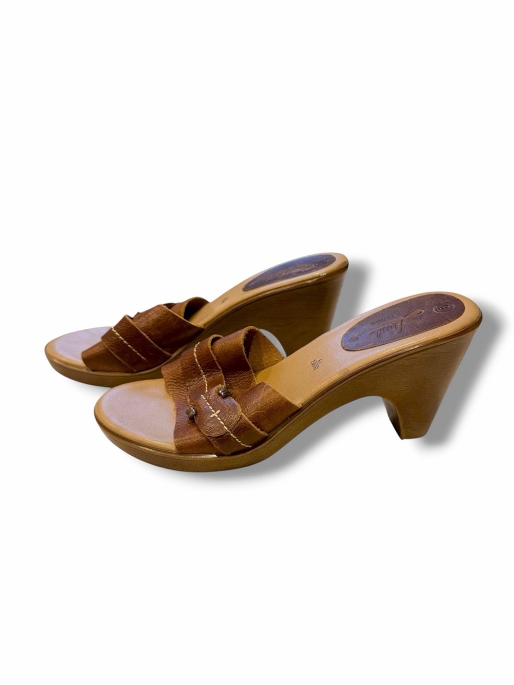Fioni Brown Leather Wedge Sandals Woven Wooden Heel Sz 9